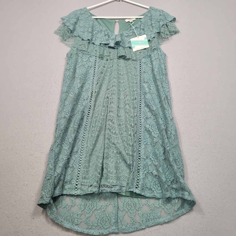 Umgee Womens Sage Green Floral Lace Ruffle High Low Dress Large NWT G1682‎